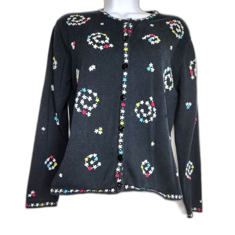 Talbots Petites Floral Cardigan Sweater Black Multicolor Knit Button Front Small